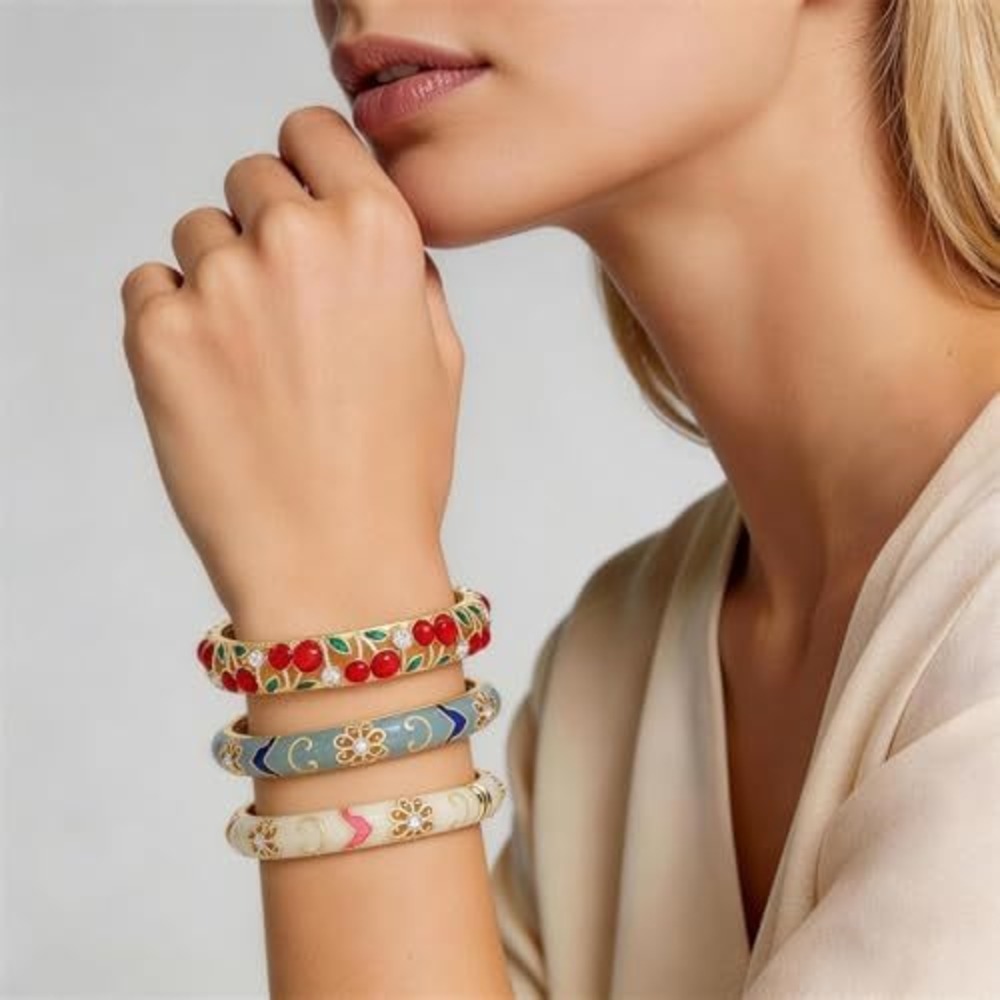 Enamel Cherry and Floral Gold Tone Bangle Bracelet Set 3 Piece Colorful Jewelry